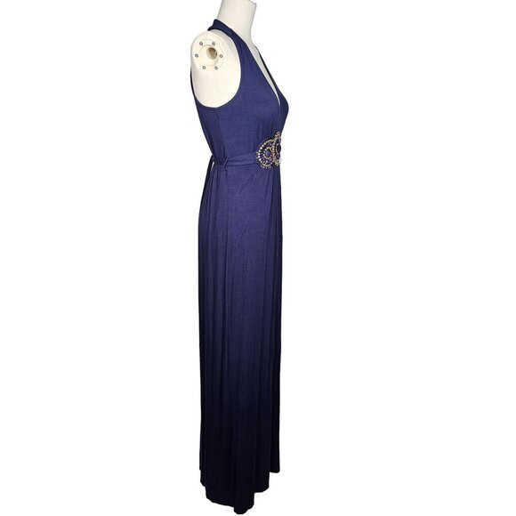 Y2K Eci New York V-Neck Jersey Beaded Waist Sleeveless Long Maxi Dress Blue Size - Picture 6 of 11